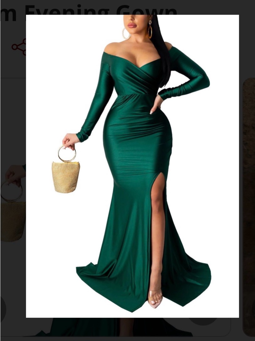 Off-Shoulder Emerald Green Long Sleeve Evening Gown XL